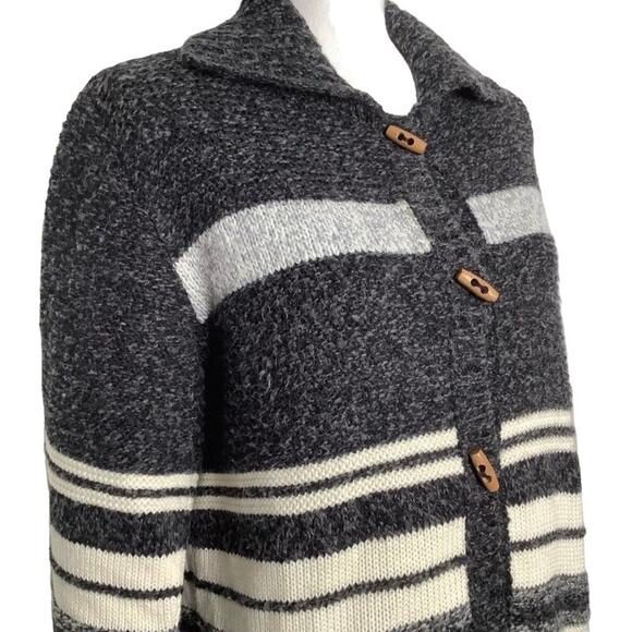 Ellen Classic Knits Gray Wool Blend Striped Toggle Cardigan Sweater Large - Picture 2 of 6